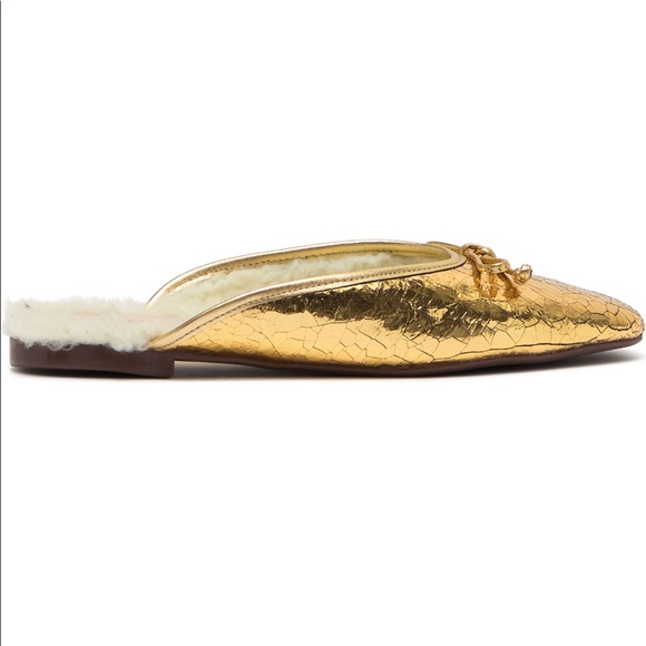 Schutz Evelin Metallic leather faux Shearling lined Gold Mule - Picture 2 of 10